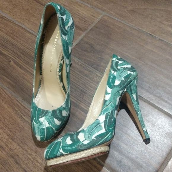 Charlotte Olympia 39 tropical green leaves heels fabric espadrille